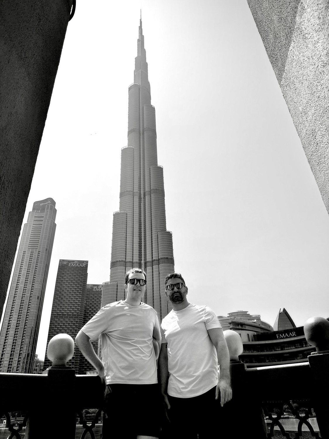 Morgan Alston and Josh Wood in front of the Burj Khalifa